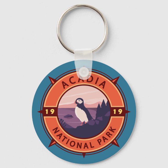 Acadia National Park Puffin Retro Compass Emblem Keychain (Front)