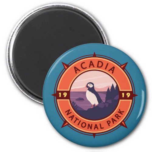 Acadia National Park Puffin Retro Compass Emblem Magnet