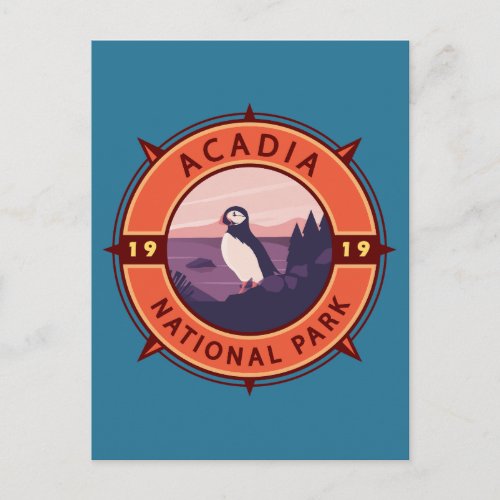Acadia National Park Puffin Retro Compass Emblem Postcard