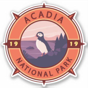 Acadia National Park Puffin Retro Compass Emblem Sticker