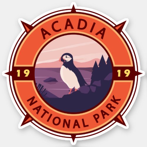 Acadia National Park Puffin Retro Compass Emblem Sticker