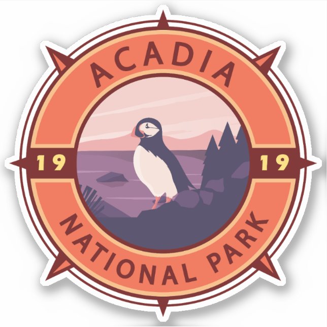 Acadia National Park Puffin Retro Compass Emblem Sticker (Front)