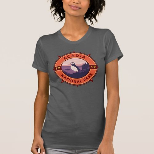 Acadia National Park Puffin Retro Compass Emblem T_Shirt