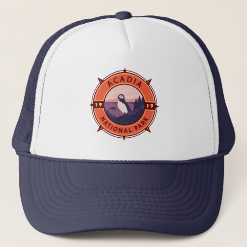 Acadia National Park Puffin Retro Compass Emblem Trucker Hat