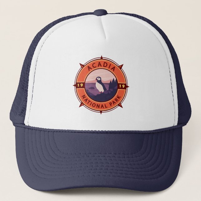 Acadia National Park Puffin Retro Compass Emblem Trucker Hat (Front)