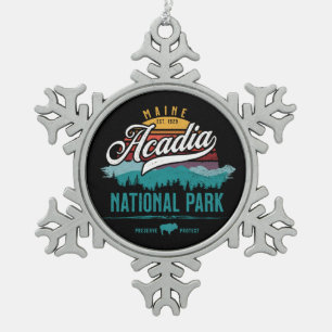 ACADIA NATIONAL PARK RETRO SUNSET KEEPSAKE HOLIDAY SNOWFLAKE PEWTER CHRISTMAS ORNAMENT