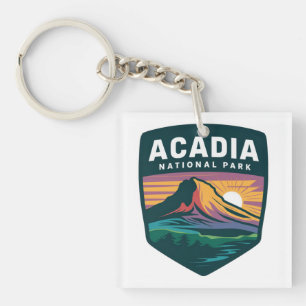 Acadia National Park Sunset Badge Illustration Keychain