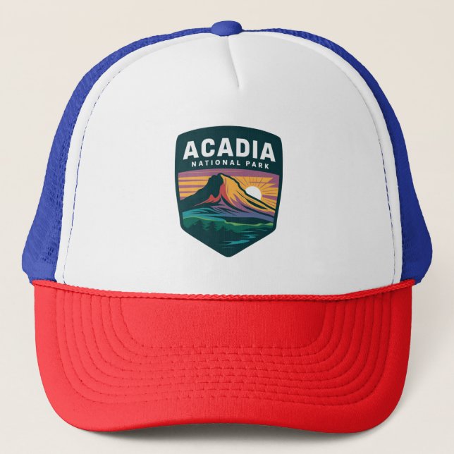 Acadia National Park Sunset Badge Illustration Trucker Hat (Front)