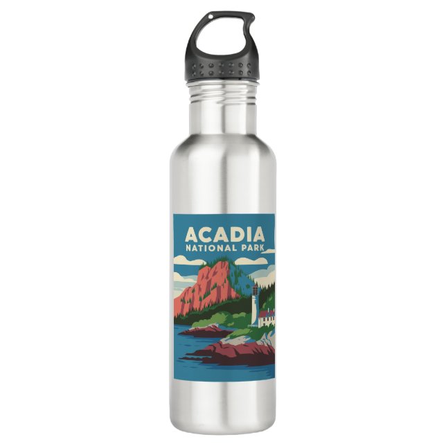 Acadia National Park Vintage Lighthouse Stainless Steel Water Bottle (Front)