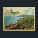 Acadia National Park Vintage Travel Postcard<br><div class="desc">Vintage travel style Acadia National Park image featuring a beautiful coastal view with blue water,  trees and a puffy cloud sky.</div>