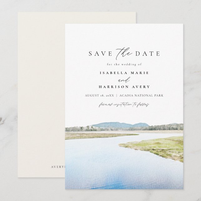 ACADIA NATIONAL PARK Watercolor Save the Date Invitation (Front/Back)