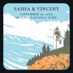 Acadia National Park Wedding Retro Square Sticker<br><div class="desc">Presenting the captivating Acadia National Park Sticker Labels, brought to life with vibrant retro colors! Behold the majestic Acadia National Park landscape gracing this exquisite invitation. Personalization is key – effortlessly tailor the text to harmonize with your wedding specifics. Select from an array of font styles and hues that mirror...</div>