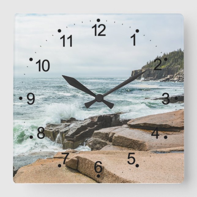 Acadia Ocean Waves Coastal Maine Square Wall Clock (Front)