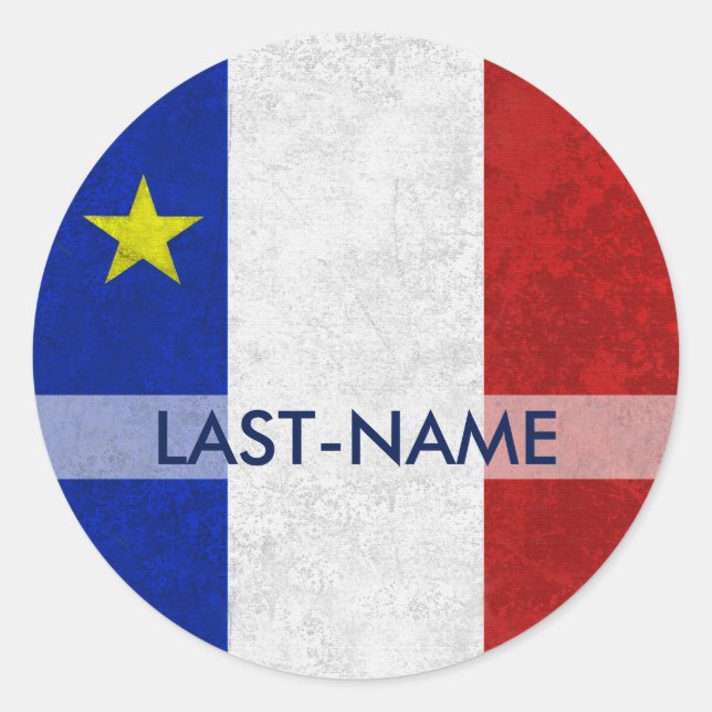 Acadian Flag Surname Distressed Grunge Personalize Classic Round Sticker (Front)