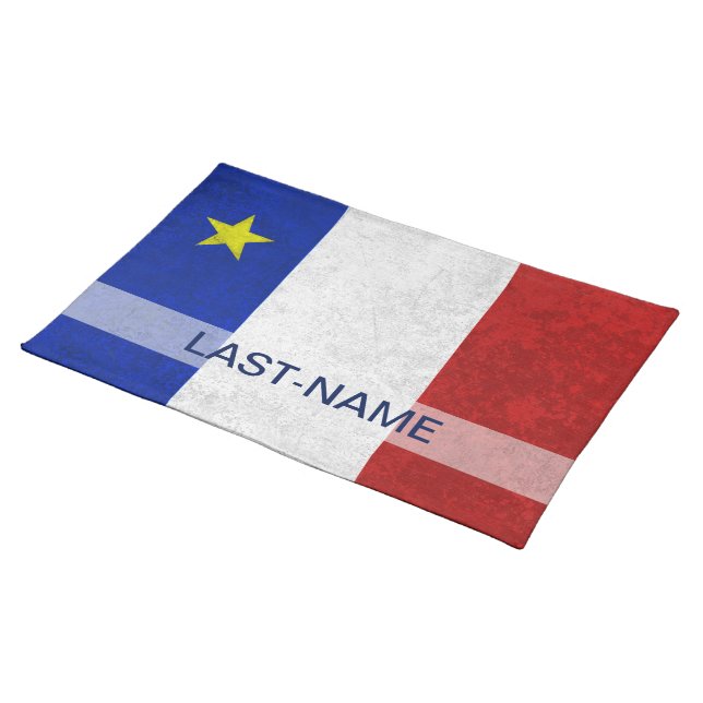 Acadian Flag Surname Distressed Grunge Personalize Cloth Placemat (On Table)