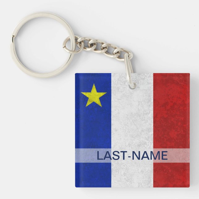 Acadian Flag Surname Distressed Grunge Personalize Keychain (Front)