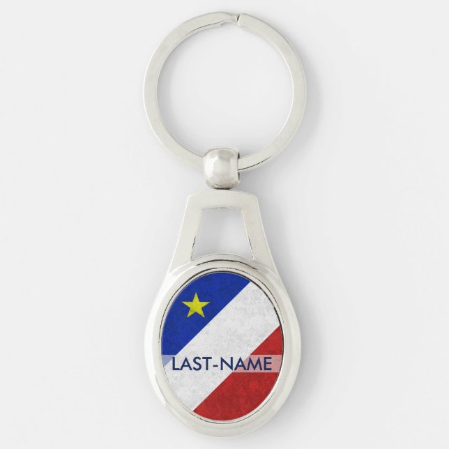 Acadian Flag Surname Distressed Grunge Personalize Keychain (Front)