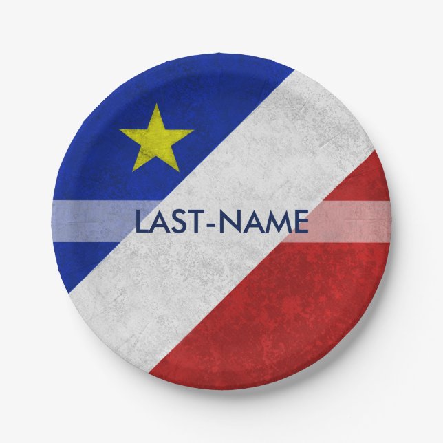 Acadian Flag Surname Distressed Grunge Personalize Paper Plates (Front)