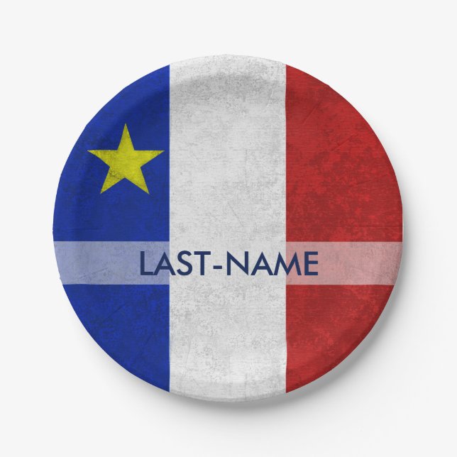 Acadian Flag Surname Distressed Grunge Personalize Paper Plates (Front)