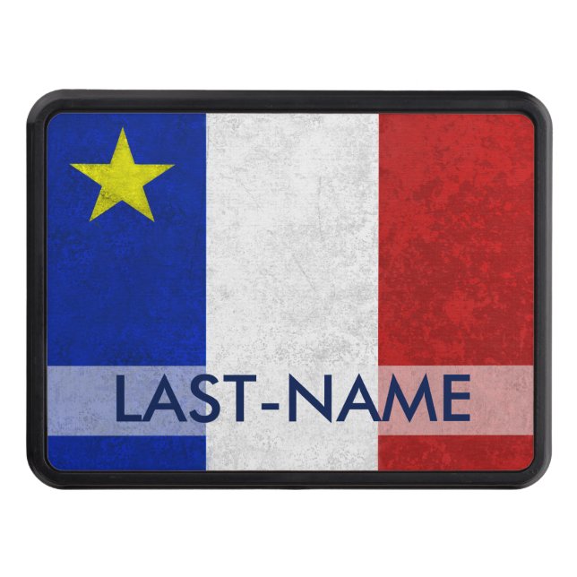 Acadian Flag Surname Distressed Grunge Personalize Trailer Hitch Cover (Front)