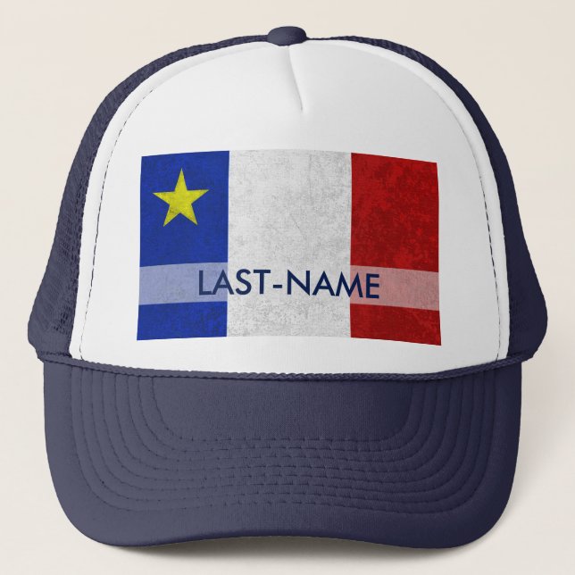 Acadian Flag Surname Distressed Grunge Personalize Trucker Hat (Front)