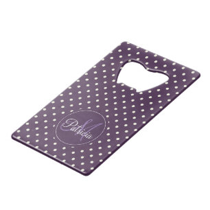 Acai Purple Violet & White Polka Dots Monogrammed Credit Card Bottle Opener