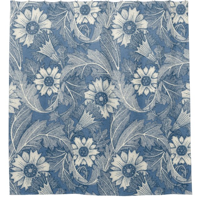 acanthus cobalt denim shower curtain (Front)