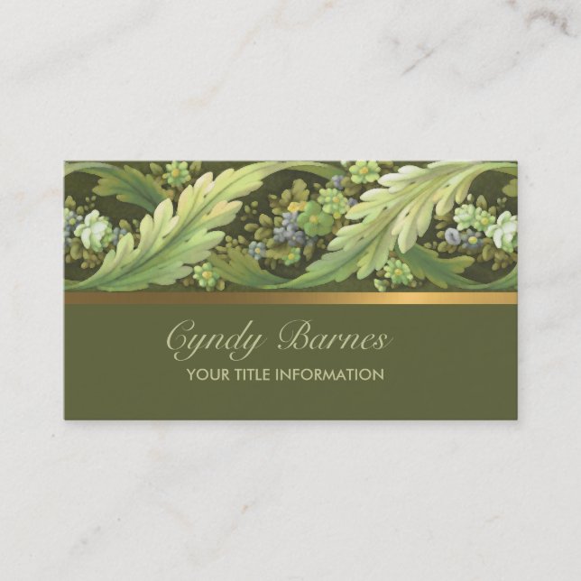 Acanthus Floral Border Business Card Olive (Front)