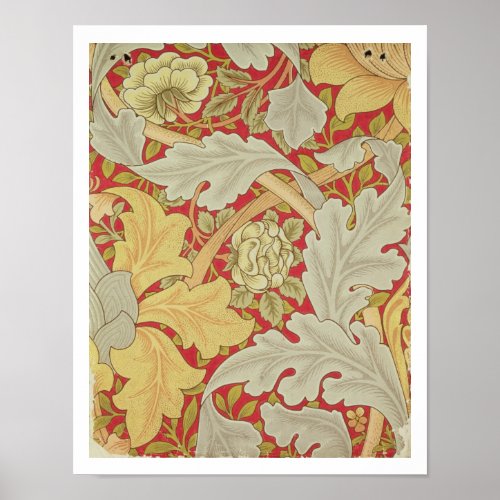 Acanthus leaves and wild rose on a crimson backgro poster