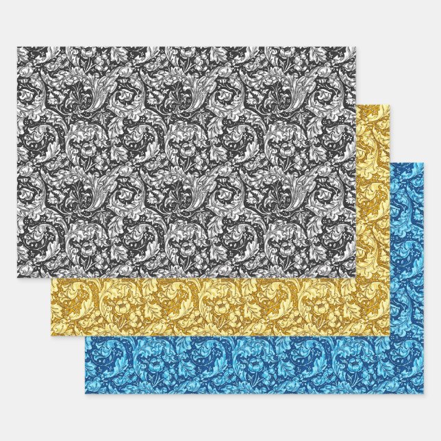 Acanthus Leaves, Black & White, Gold & Blue Wrapping Paper Sheets (Set)