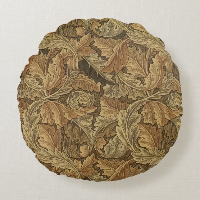 Acanthus Leaves by William Morris, Antique Textile Round Pillow (Front)
