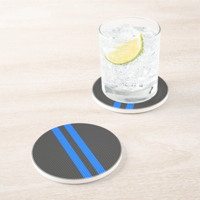 Accent Blue Carbon Fiber Style Racing Stripes Drink Coaster (Side)