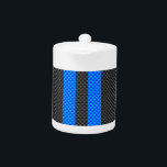 Accent Blue Carbon Fiber Style Racing Stripes Teapot<br><div class="desc">A sporty cyan blue racing stripes accent in black carbon fiber style design decor. The carbon fiber print look suits automotive,  modern,  and industrial tastes and the vibrant vertical lines make for a dynamic design.</div>