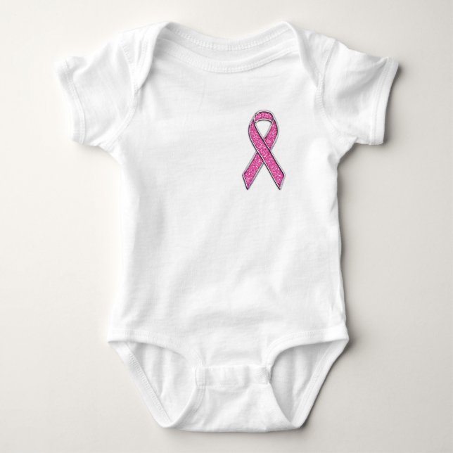 Accent Chrome Glitter Style Pink Ribbon Awareness Baby Bodysuit (Front)