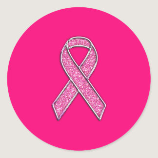 Accent Chrome Glitter Style Pink Ribbon Awareness Classic Round Sticker