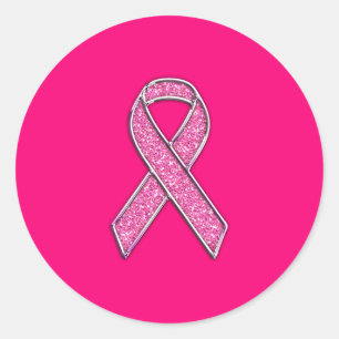 Accent Chrome Glitter Style Pink Ribbon Awareness Classic Round Sticker