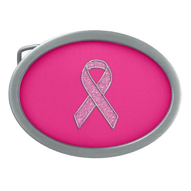 Accent Chrome Glitter Style Pink Ribbon Awareness Oval Belt Buckle (Front)