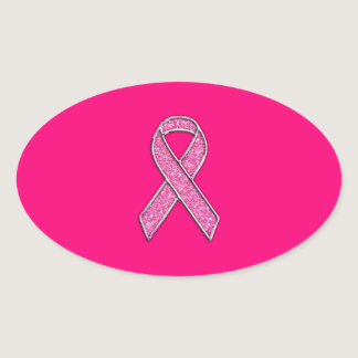 Accent Chrome Glitter Style Pink Ribbon Awareness Oval Sticker