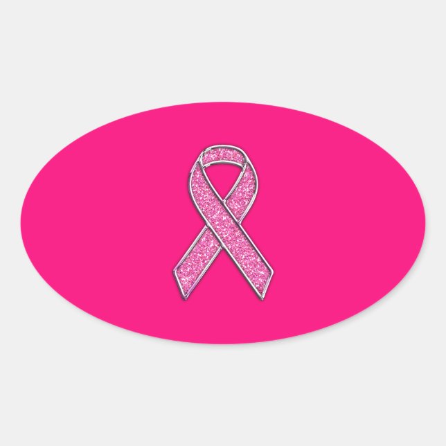 Accent Chrome Glitter Style Pink Ribbon Awareness Oval Sticker (Front)