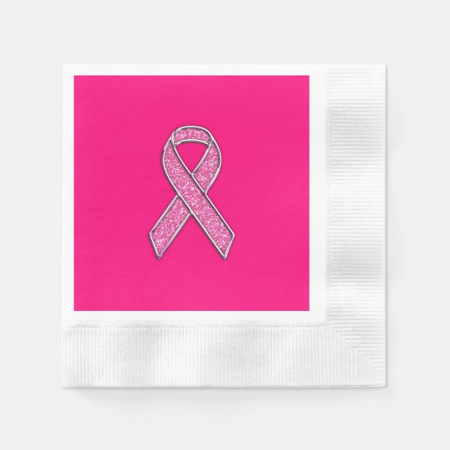 Accent Chrome Glitter Style Pink Ribbon Awareness Paper Napkins (Front)