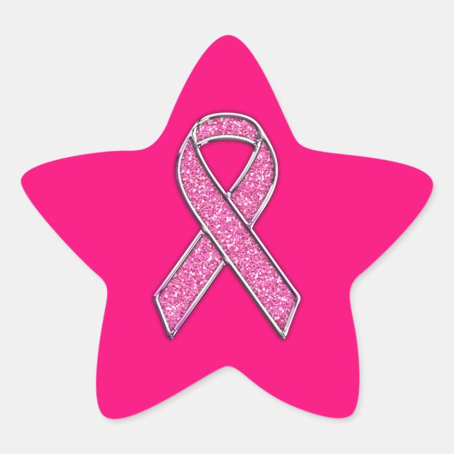 Accent Chrome Glitter Style Pink Ribbon Awareness Star Sticker (Front)