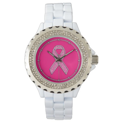Accent Chrome Glitter Style Pink Ribbon Awareness Watch