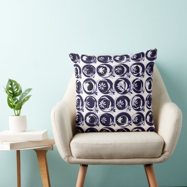 Accent Circles Background Flowers Indigo White  Throw Pillow (Chair)