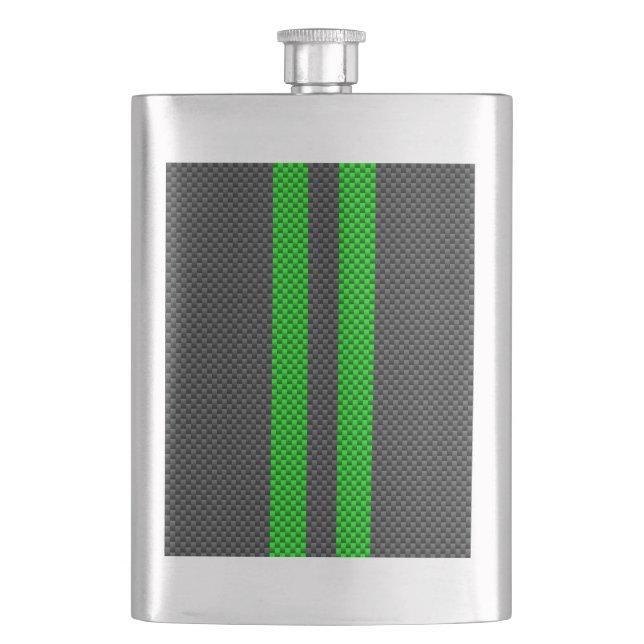 Accent Green Carbon Fiber Style Racing Stripes Flask (Front)