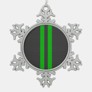 Accent Green Carbon Fiber Style Racing Stripes Snowflake Pewter Christmas Ornament