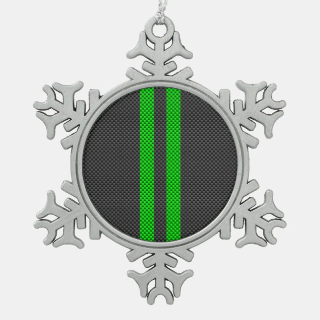 Accent Green Carbon Fiber Style Racing Stripes Snowflake Pewter Christmas Ornament (Front)