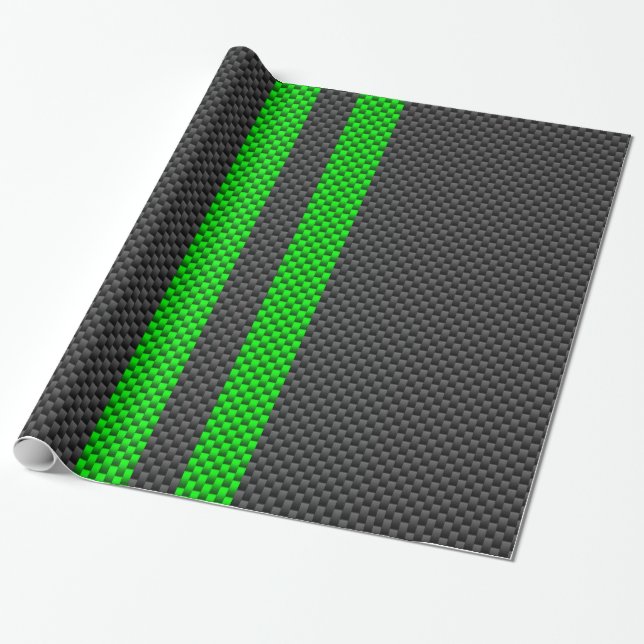 Accent Green Carbon Fiber Style Racing Stripes Wrapping Paper (Unrolled)