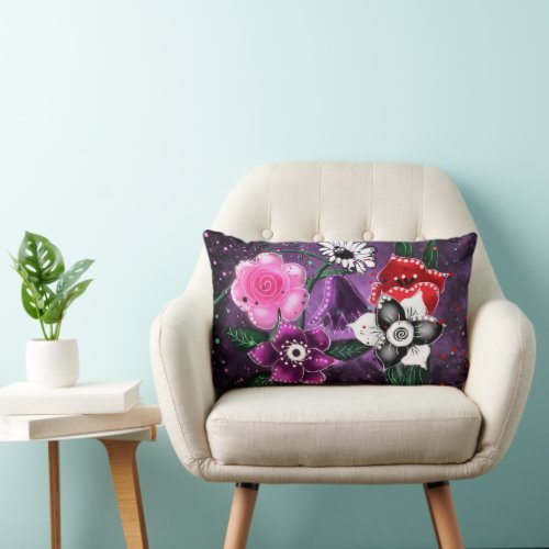 Accent Pillow Whimsical Flowers Purple Black White