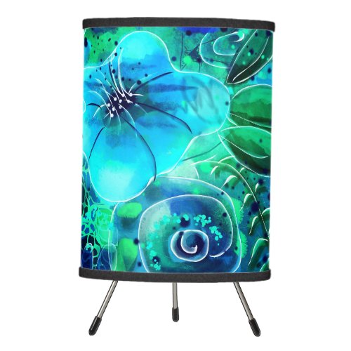 Accent Table Lamp Blue Green Teal Floral Abstract