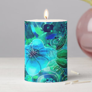 Accent Table Lamp Blue Green Teal Floral Abstract Pillar Candle